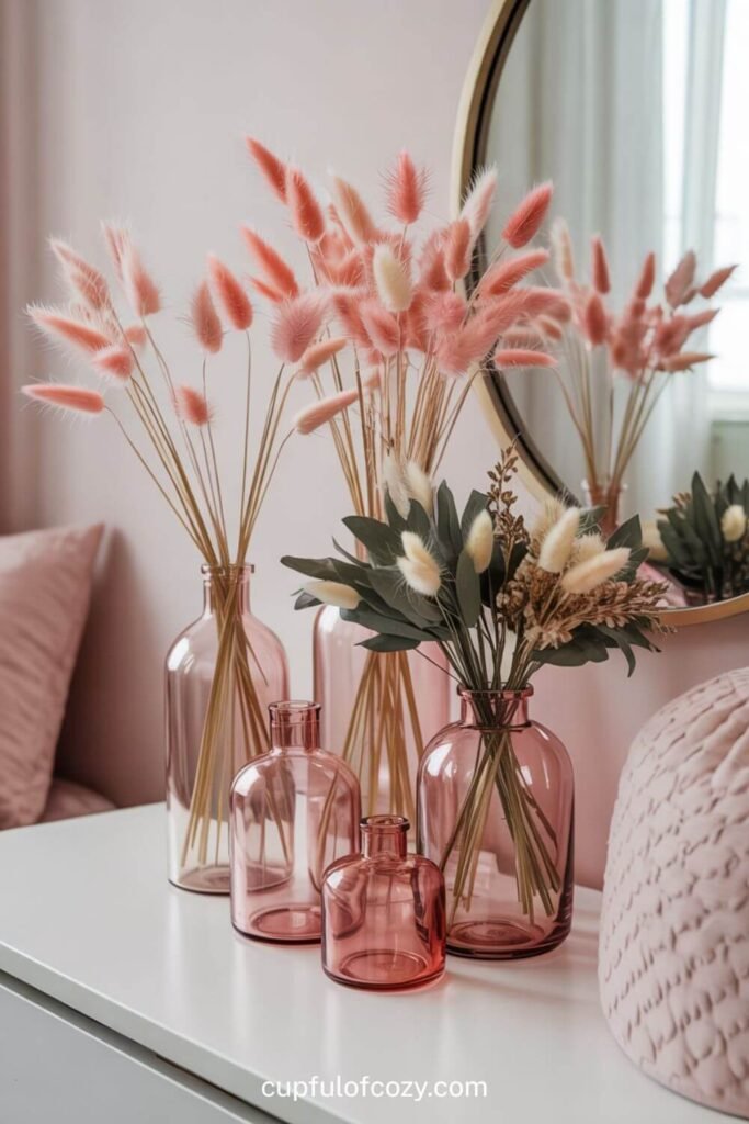 Pink Glass Vases with Dried Pampas Grass