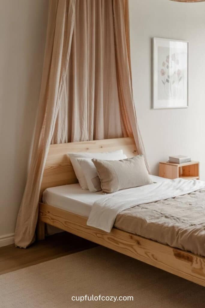 Pink Linen Canopy with Simple Wood Bed Frame
