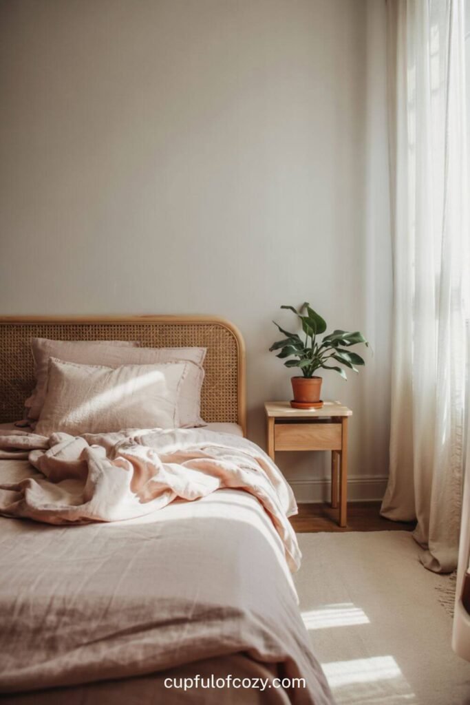 Rattan Headboard with Pink Linen Bedding