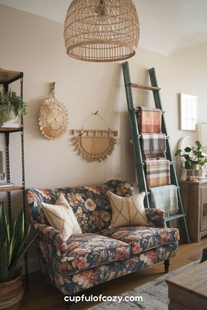 Repurposed Ladder and Floral Loveseat