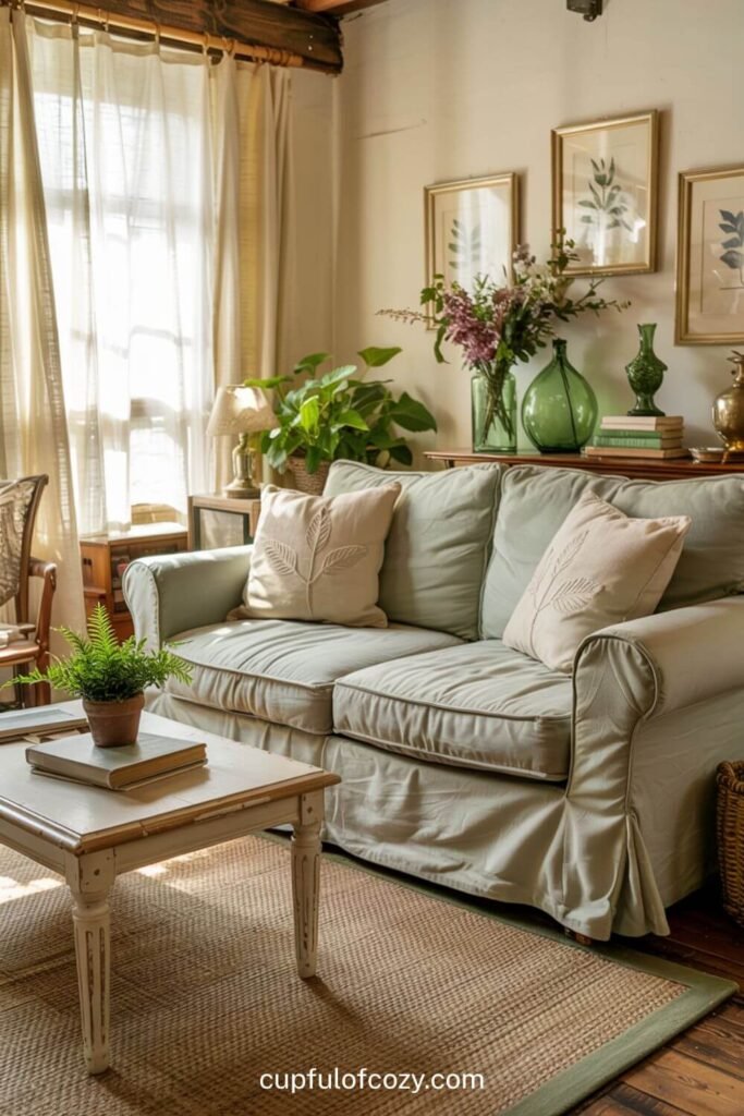 Sage Green Slip-Covered Sofas with Cream Throw Pillows