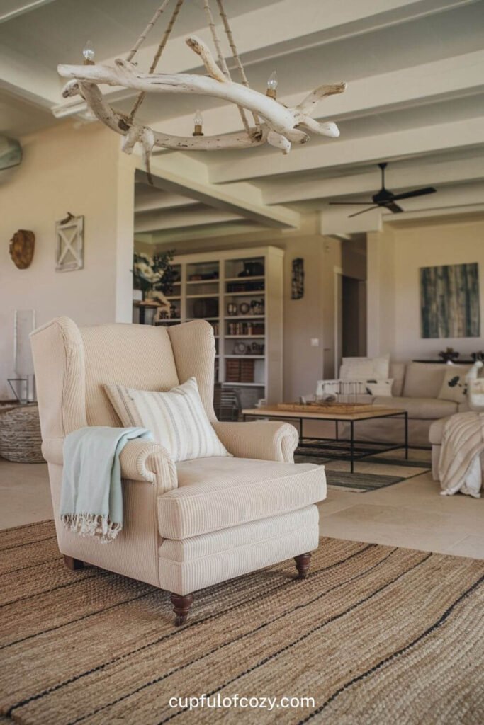Sandy Shore Living Room with Chandelier