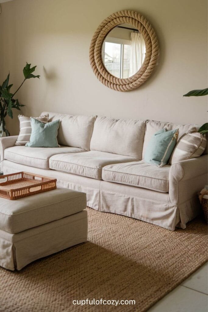 Sandy Sofa Retreat with Rope Accents Living Room