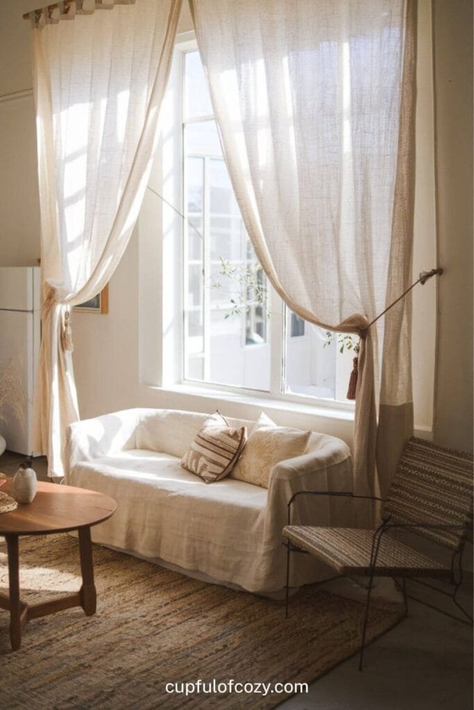 Sheer Linen Drapes for a Breezy Minimalist Vintage Living Room