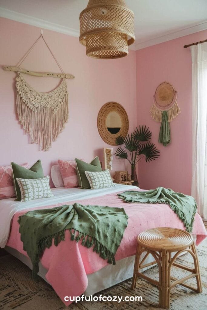 Soft Pink and Palm Green Boho Chic Bedroom