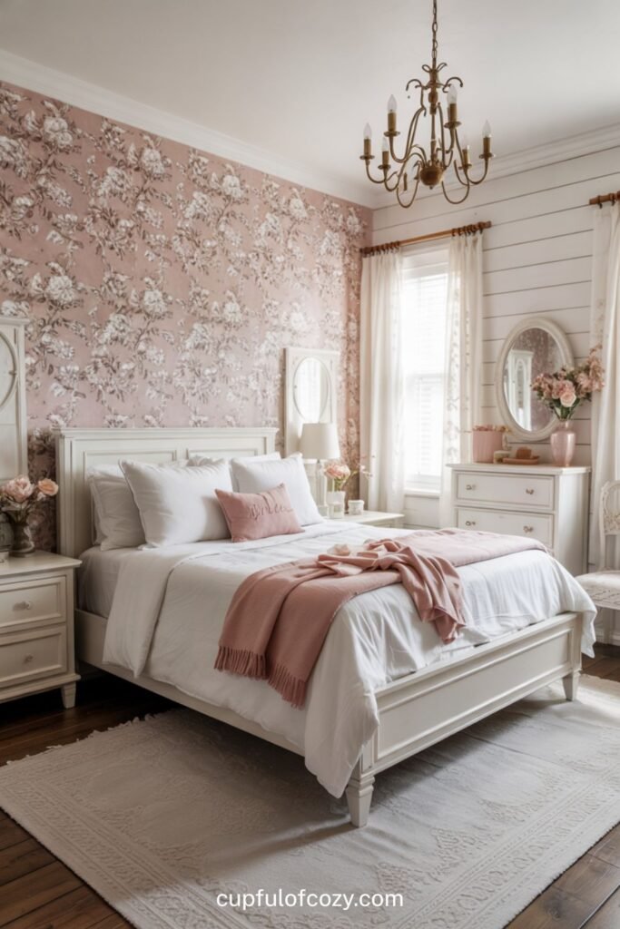 Sweet Pink Floral Wallpaper With White Furniture (2)