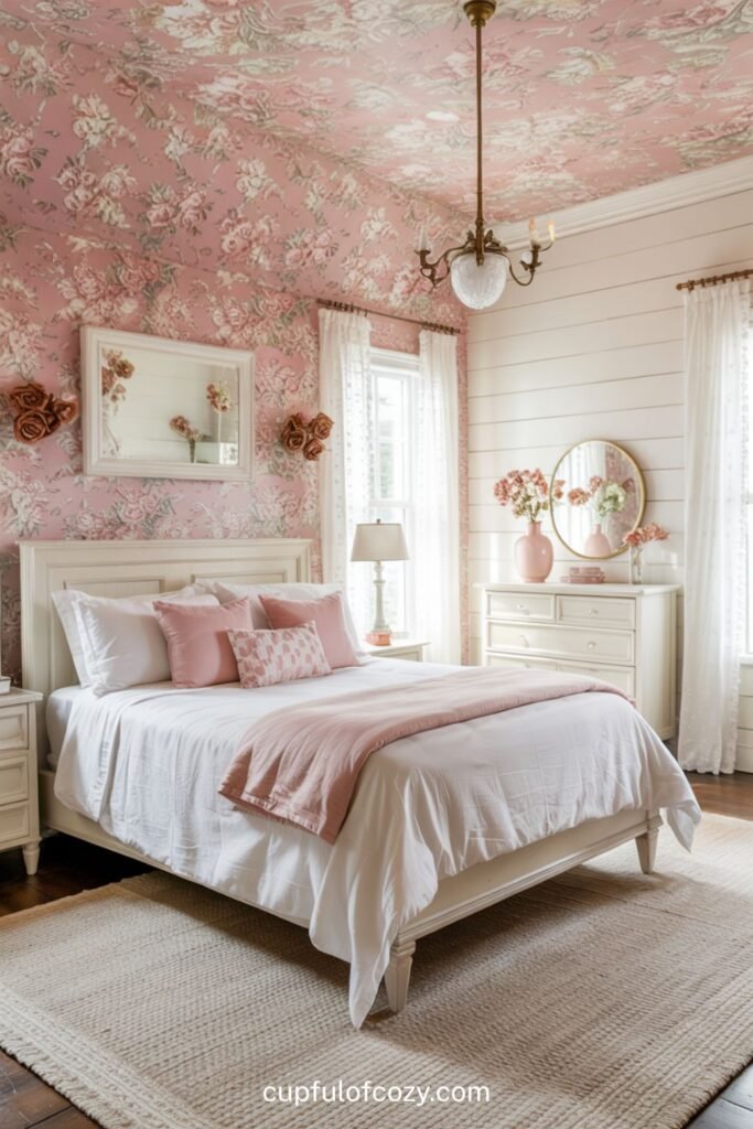 Sweet Pink Floral Wallpaper With White Furniture