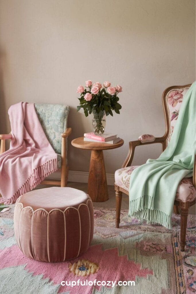 Velvet Footstool and Pastel Blankets