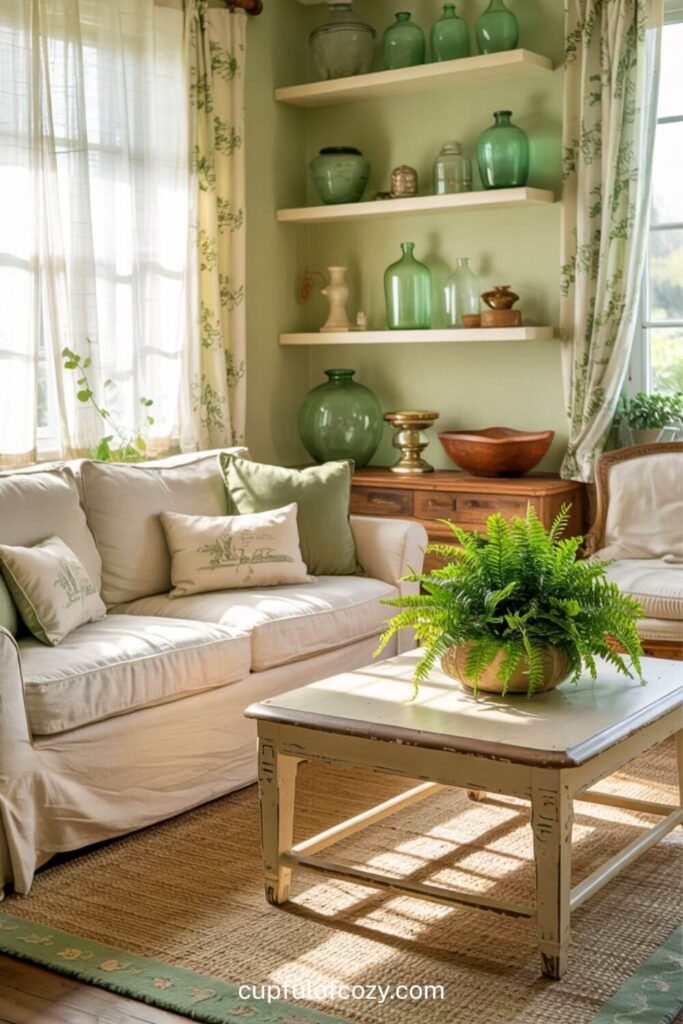 Vintage Green Glass Collection on Cream Floating Shelves