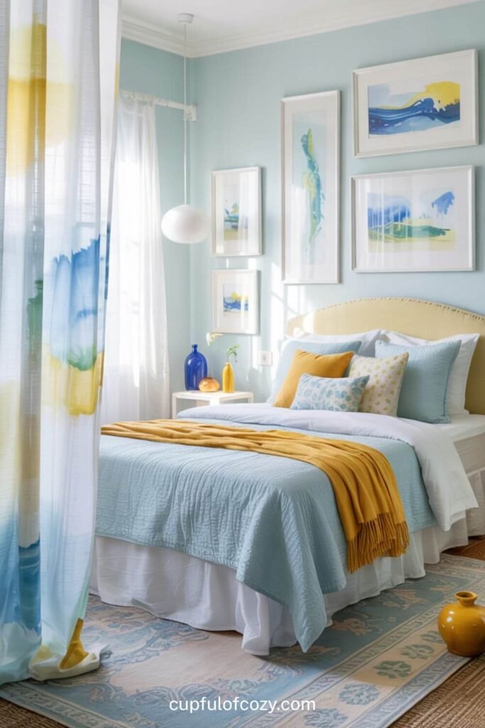 Watercolor Light Blue and Pale Yellow Bedroom