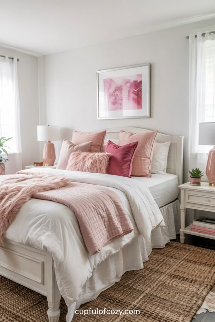 White Bedding With Pink Throw Pillows and Blankets