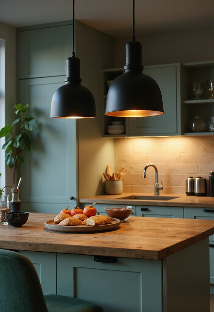 20 Unique Sage Green and Black Kitchen Ideas That Will Make You Fall in Love with Cooking Again! - 10. Sage Green and Black Lighting Fixtures