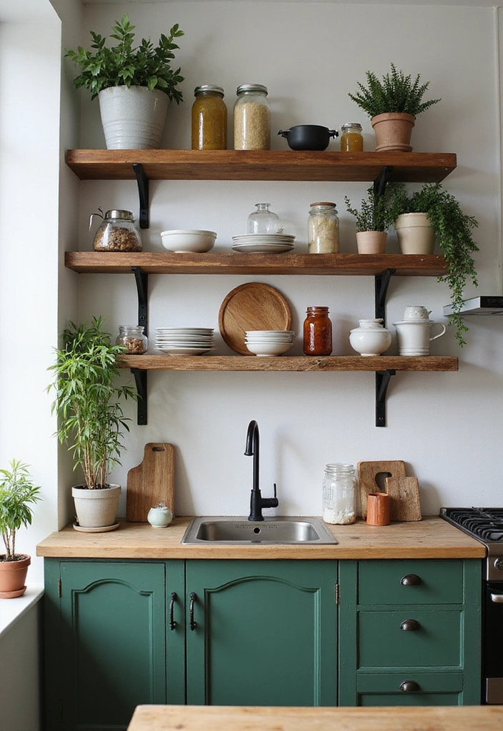 How to Make a Small Kitchen Shine with Modern Rustic Green Decor - 1. Embrace Open Shelving