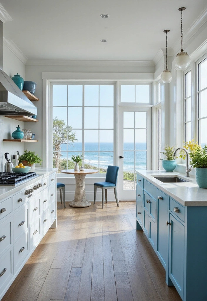 20 Gorgeous White and Blue Coastal Kitchen Ideas Perfect for a Beachy Atmosphere! - 16. Large Windows
