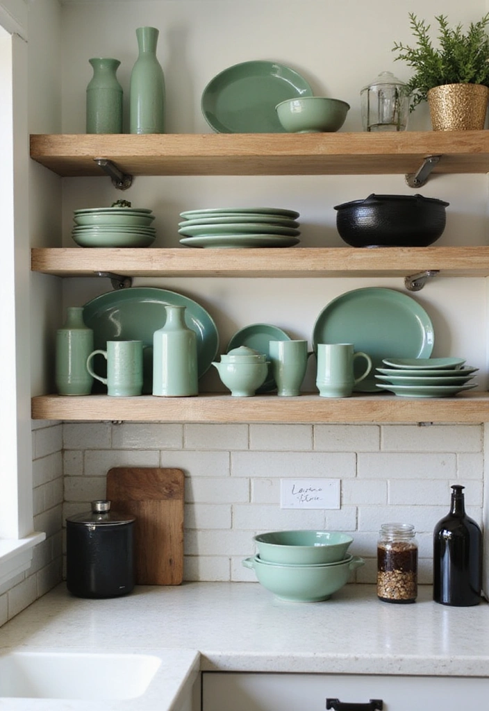 20 Unique Sage Green and Black Kitchen Ideas That Will Make You Fall in Love with Cooking Again! - 6. Open Shelving with Sage Green Accents