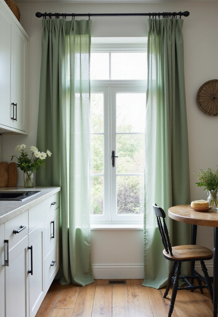 20 Unique Sage Green and Black Kitchen Ideas That Will Make You Fall in Love with Cooking Again! - 8. Sage Green Curtains with Black Hardware