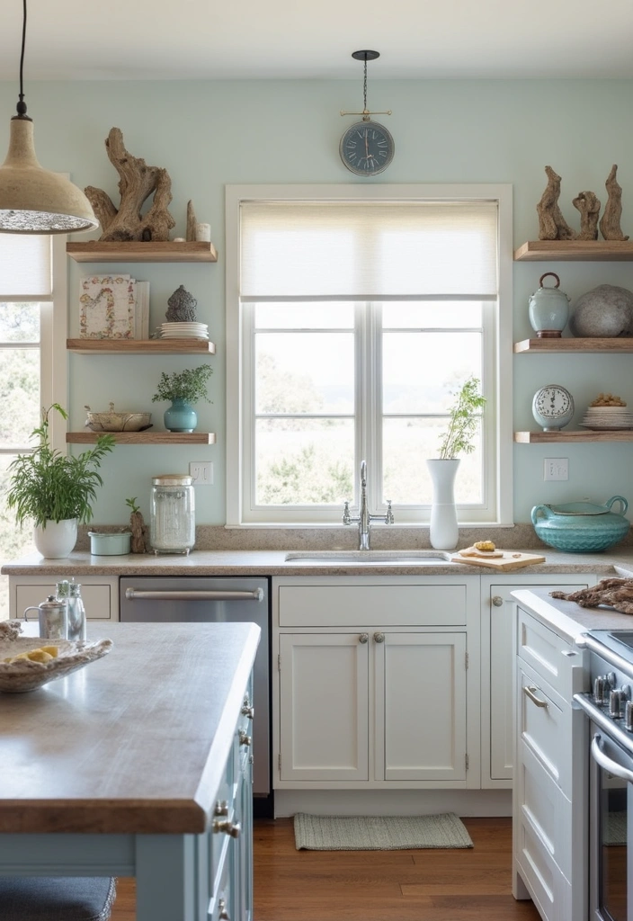 20 Gorgeous White and Blue Coastal Kitchen Ideas Perfect for a Beachy Atmosphere! - 4. Driftwood Accents