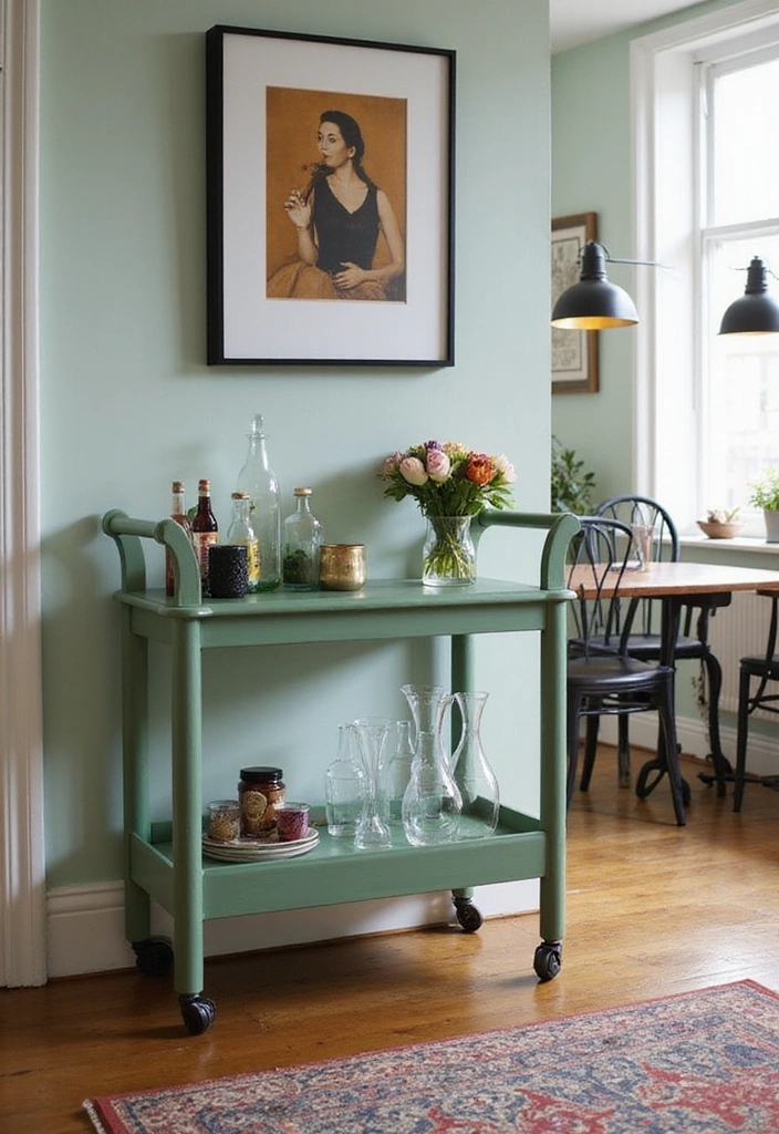 20 Unique Sage Green and Black Kitchen Ideas That Will Make You Fall in Love with Cooking Again! - 11. Sage Green Bar Cart