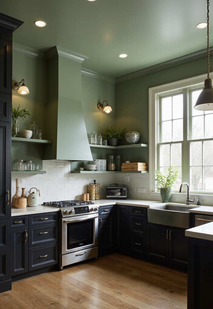 20 Unique Sage Green and Black Kitchen Ideas That Will Make You Fall in Love with Cooking Again! - 16. Sage Green Ceiling Paint