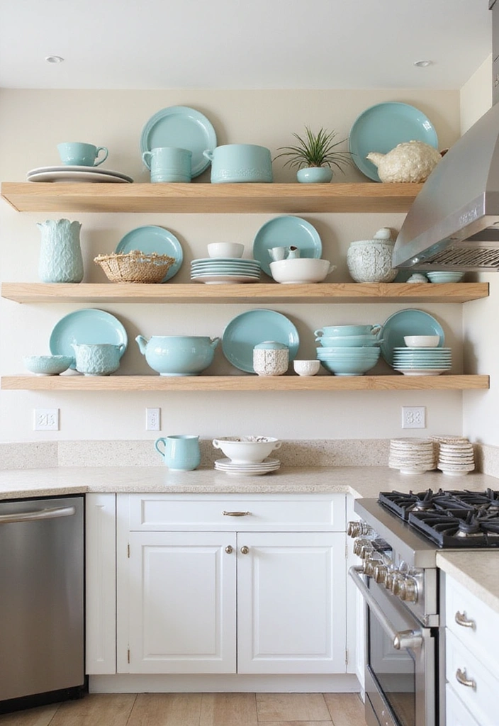 20 Gorgeous White and Blue Coastal Kitchen Ideas Perfect for a Beachy Atmosphere! - 18. Open Shelving