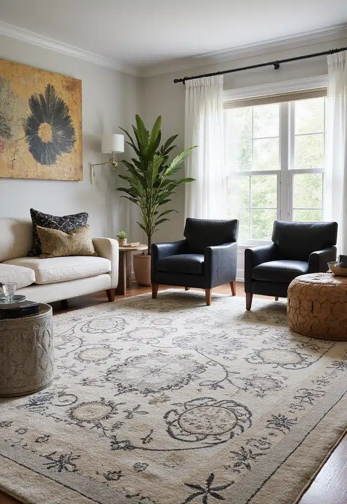 20 Jaw-Dropping Cream Black and Gold Living Room Designs You Need to See! - 13. Statement Rugs