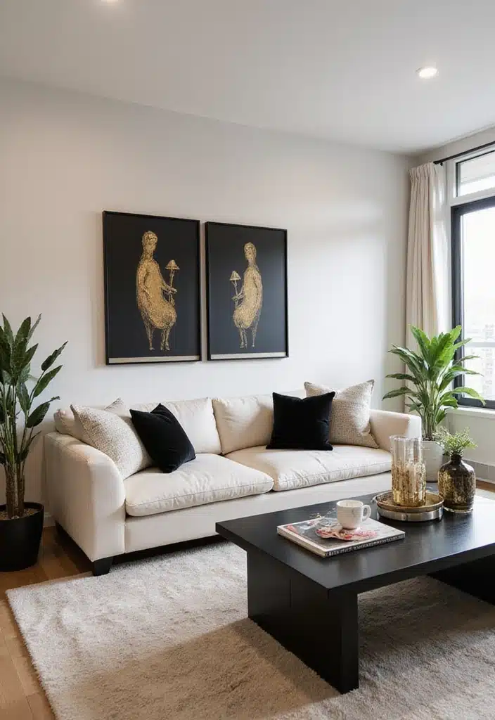 20 Jaw-Dropping Cream Black and Gold Living Room Designs You Need to See! - 16. Monochromatic Accessories