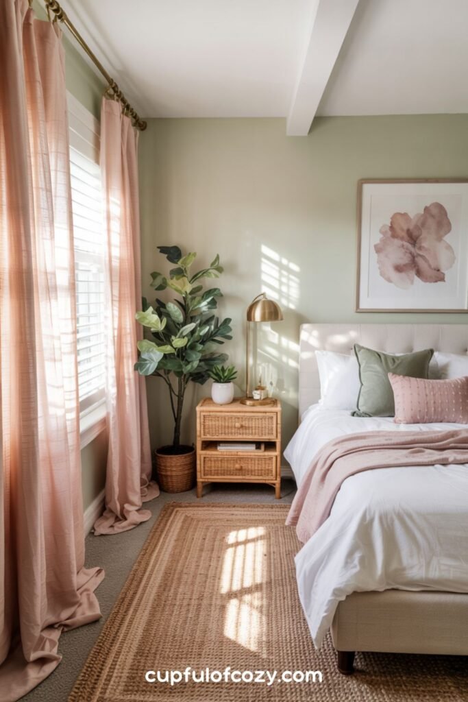 Blush Pink Curtains Against Sage Walls
