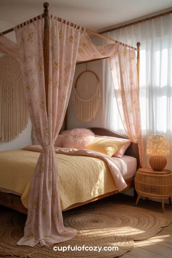 Canopy Bed with Flowing Floral Curtains