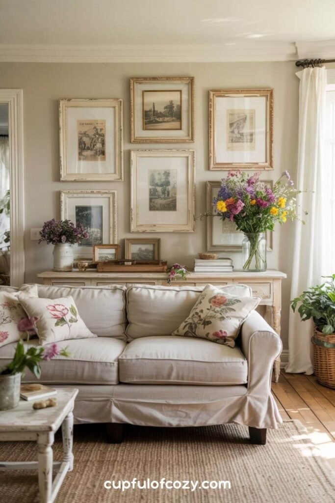 Chippy Painted Picture Frames Displaying Vintage Prints (2)