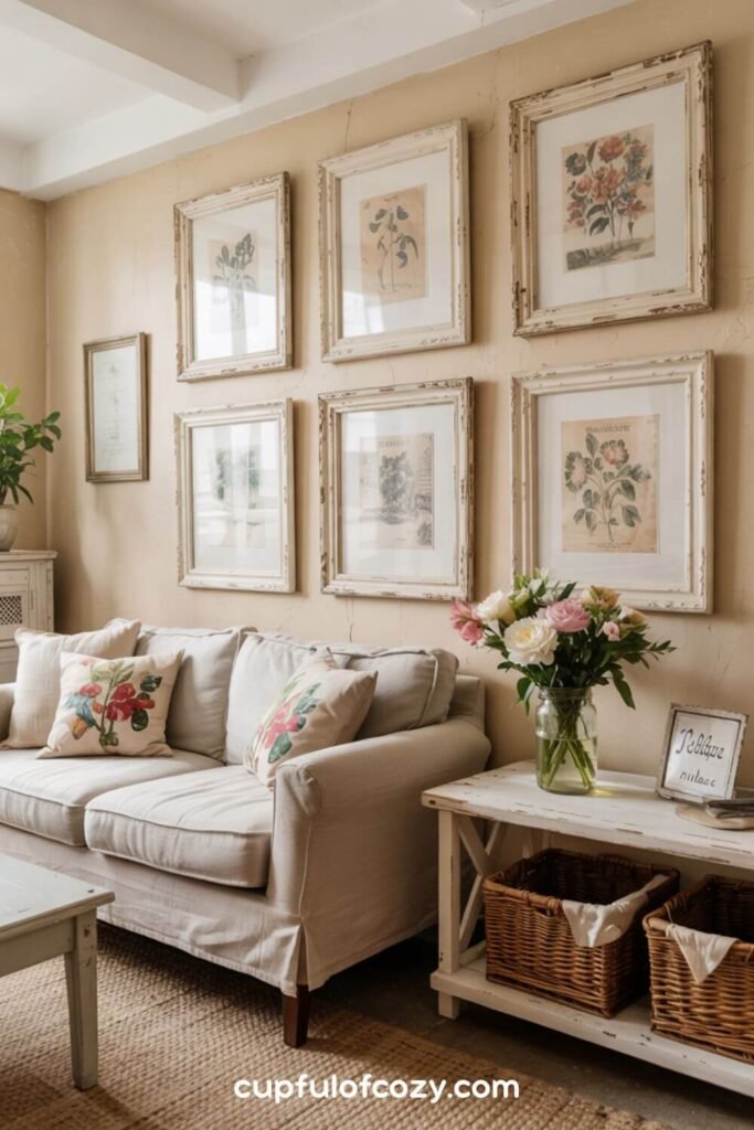 Chippy Painted Picture Frames Displaying Vintage Prints