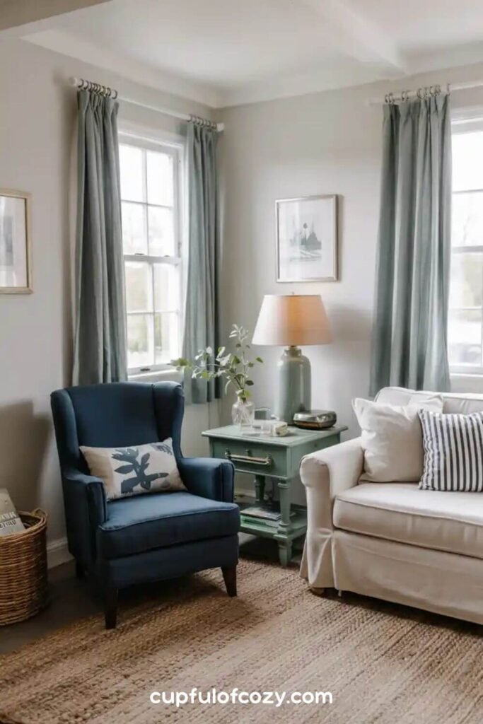Cozy Reading Corner with Navy Chair and Sage Details