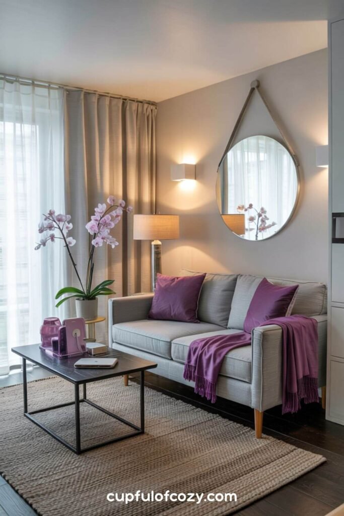 Girly Purple Living Room in Small Apartment
