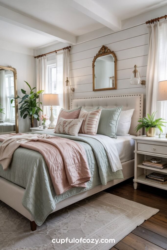 Layered Blush and Sage Bedding (2)