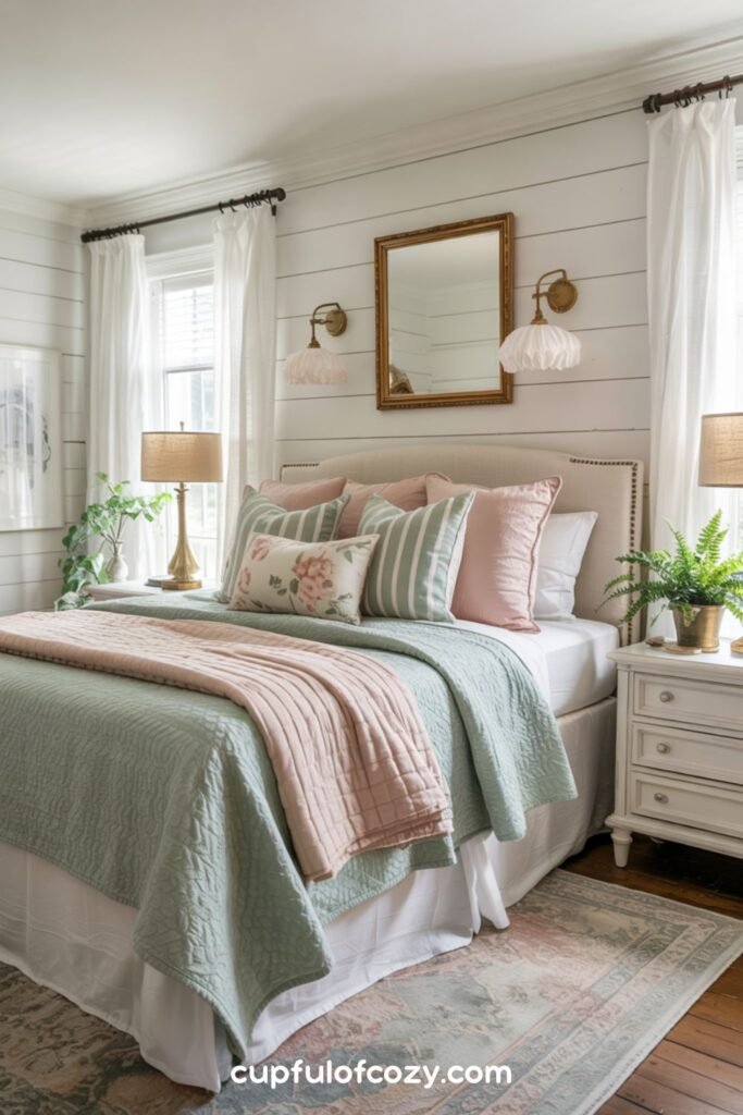 Layered Blush and Sage Bedding