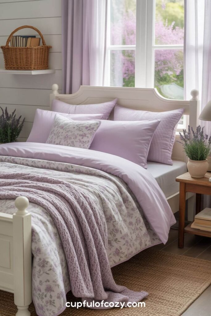 Layered Lilac Bedding With Vintage-Inspired Patterns