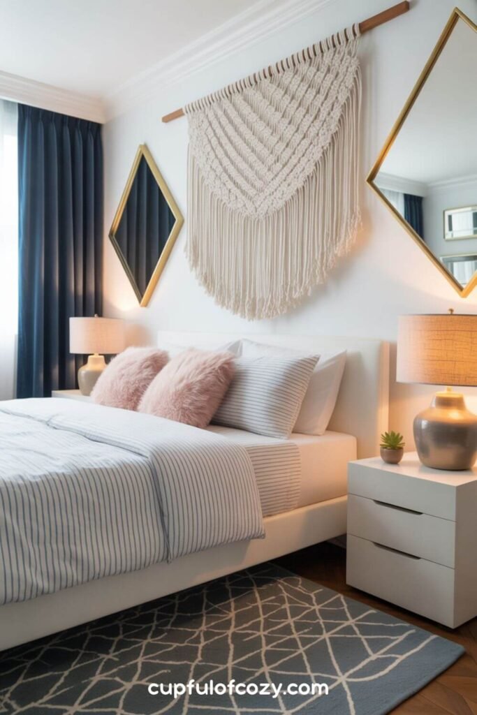 Macramé Wall Hangings Above Preppy Striped Bedding