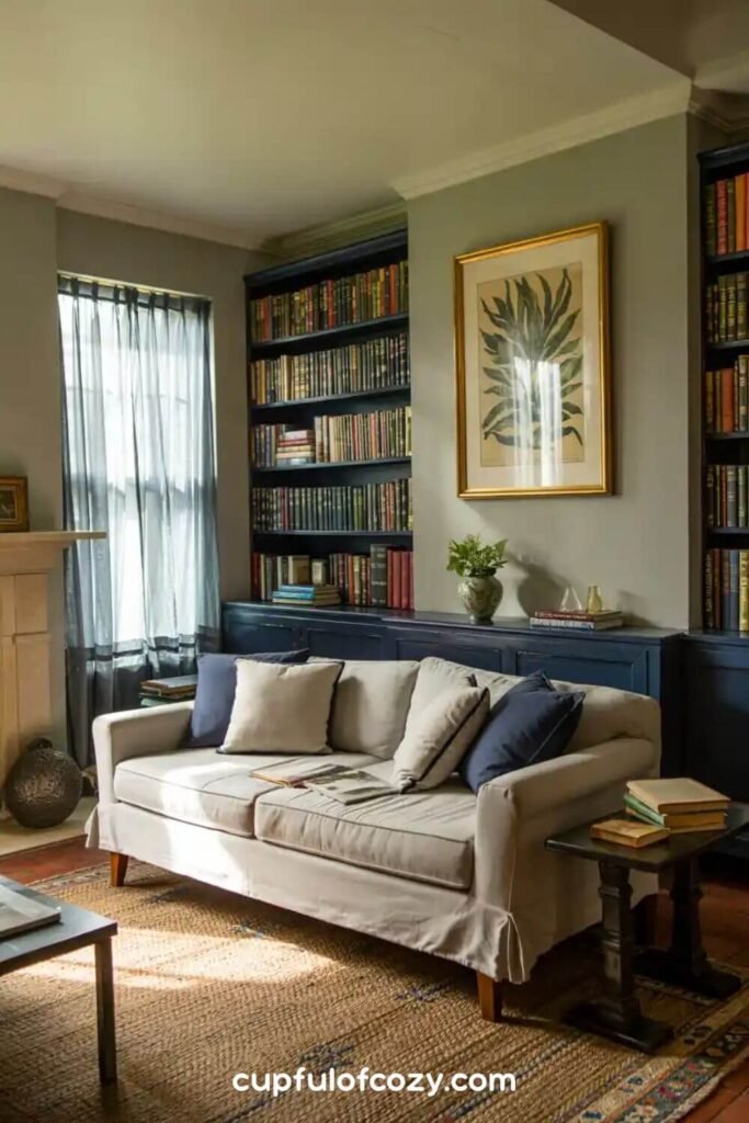 Navy Built-In Bookshelves with Sage Interior (2)