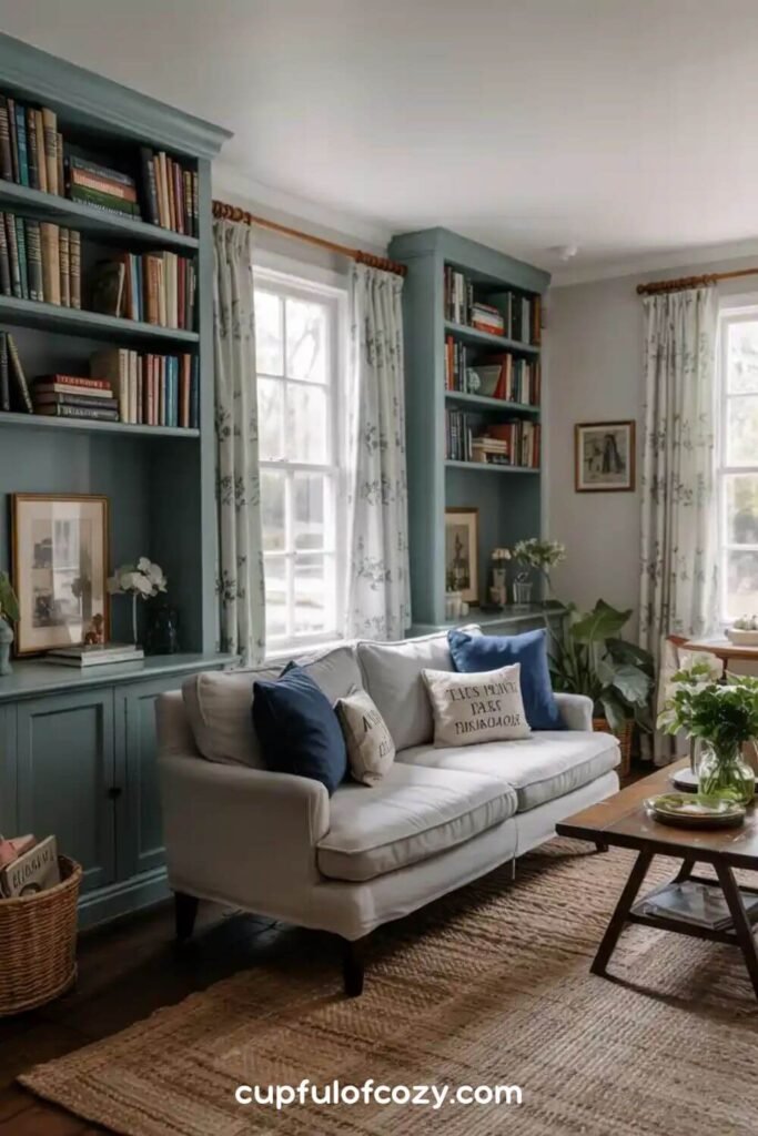 Navy Built-In Bookshelves with Sage Interior