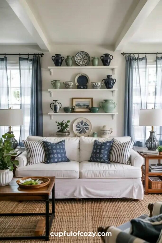 Open Shelving with Navy and Sage Pottery Collection