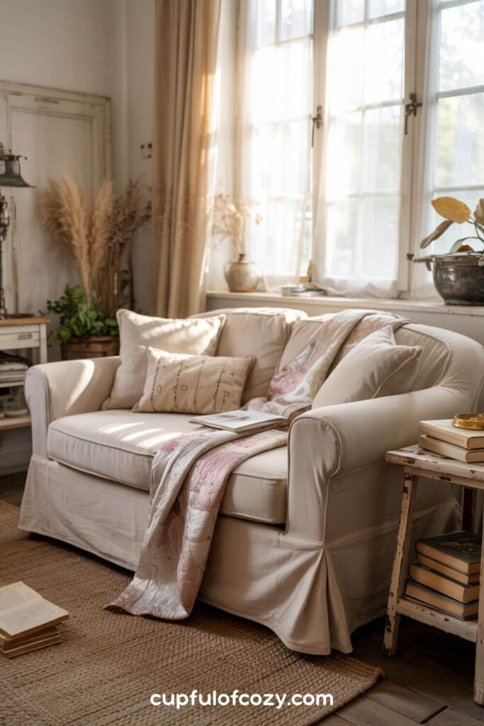 Overstuffed Slip-Covered Sofas in Natural Linens