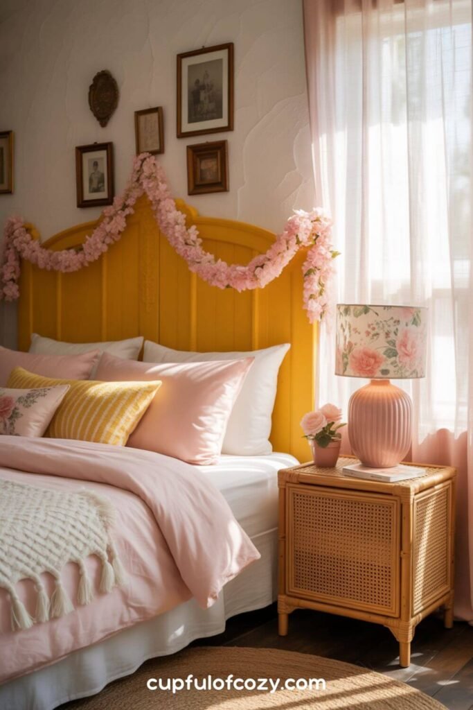 Painted Wooden Headboard with Floral Details