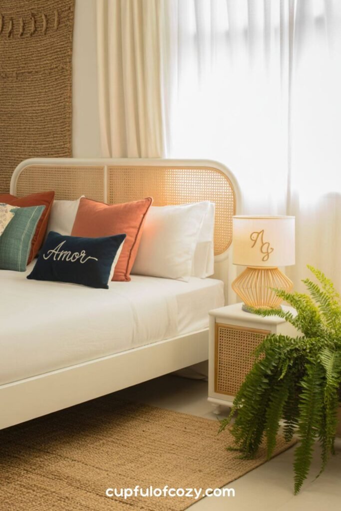 Rattan Headboards Meet Monogrammed Pillows