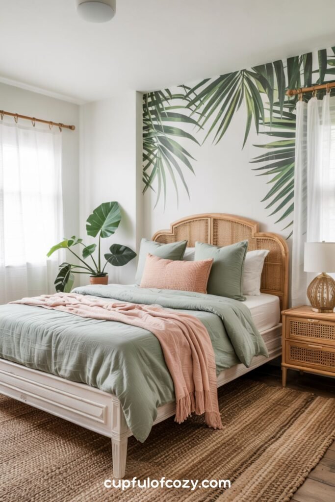 Rattan or Cane Furniture with Sage and Blush Textiles