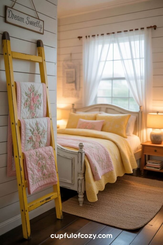 Repurposed Ladder Display for Linens and Throws
