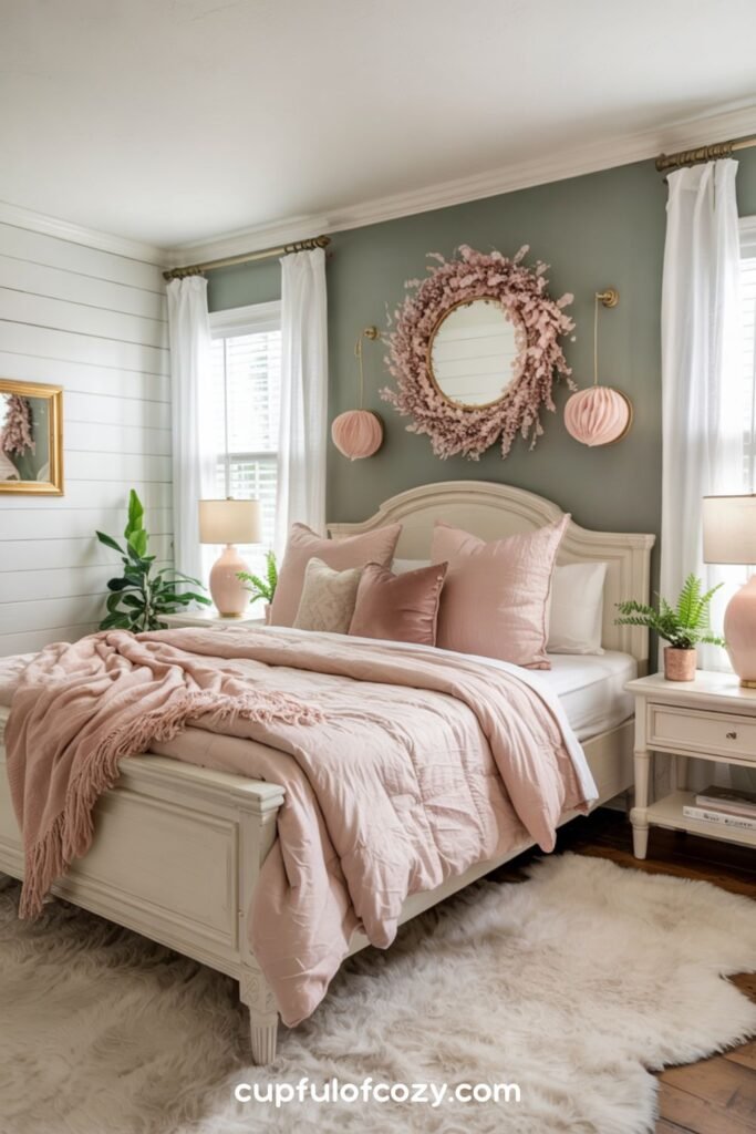 Sage Green Accent Wall with Blush Bedding