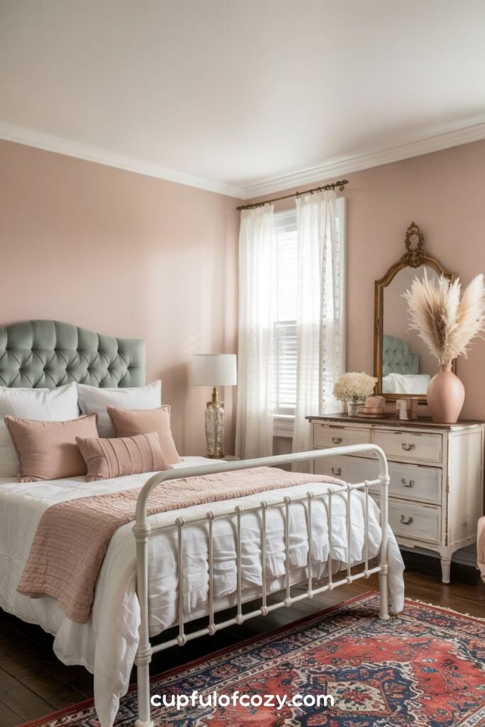 Sage Green Headboard Against Blush Walls