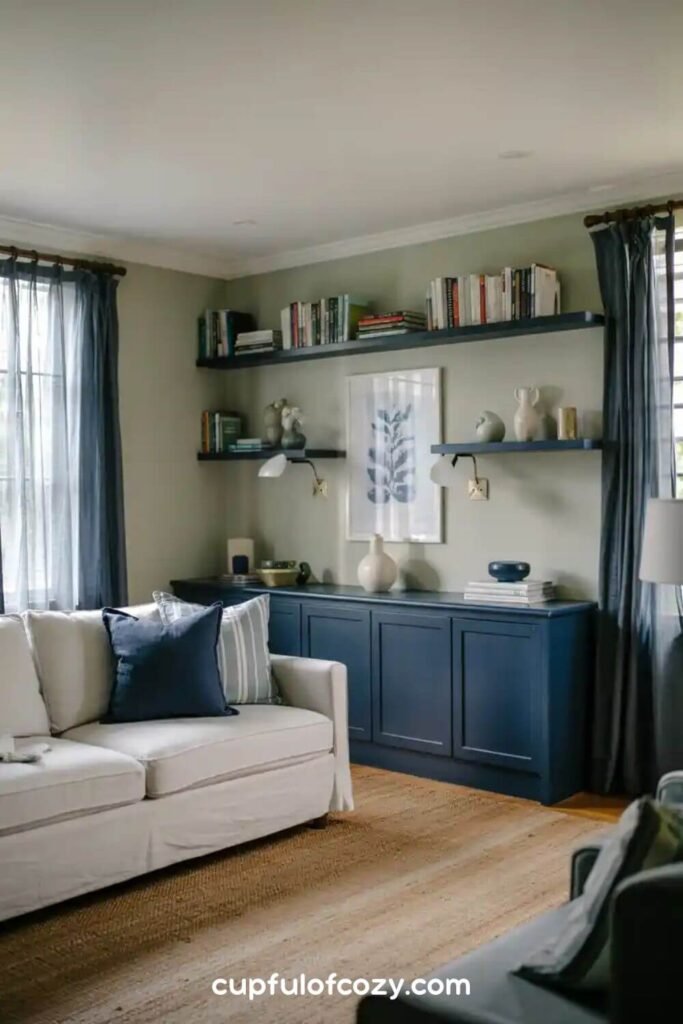 Sage Green Walls with Navy Blue Built-ins (2)