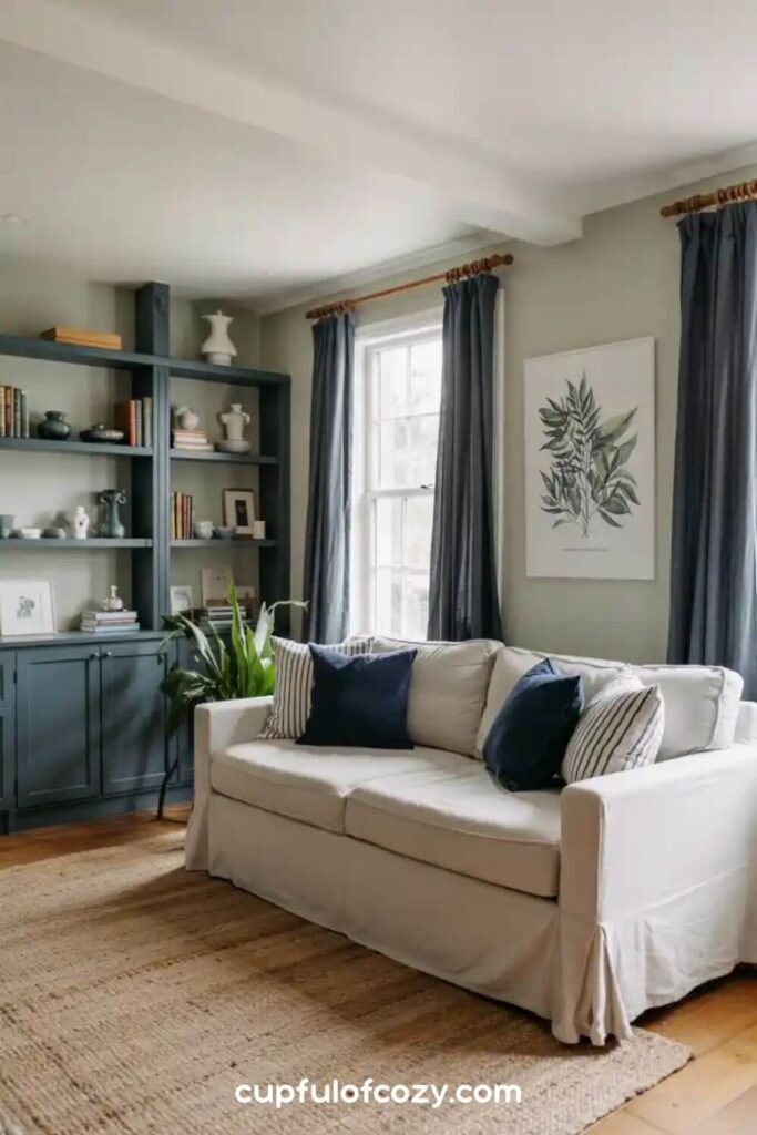 Sage Green Walls with Navy Blue Built-ins