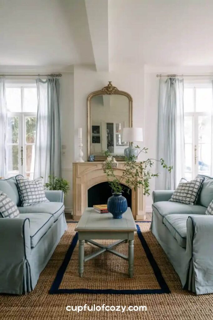 Sage Slipcovers with Navy Piping