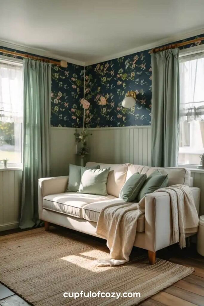 Sage Wainscoting with Navy Wallpaper